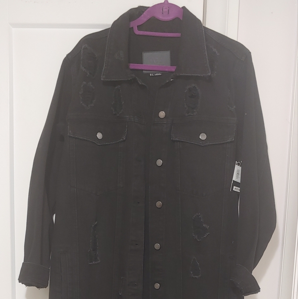 BBJ Distressed Long Black Denim Jacket